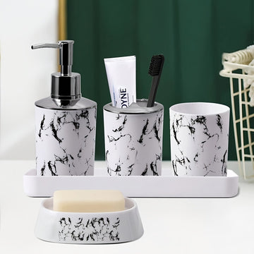 Juego de 5 piezas de accesorios de baño de mármol negro - Soporte de cepillo de dientes de plástico, dispensador de jabón, recipiente de jabón, tazas con bandeja