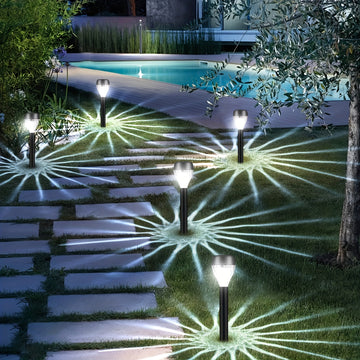 10 luces solares para jardín KOLYC, encendido/apagado automático, resistentes, plástico duradero con acabado metálico pulido y negro envejecido, instalación semienterrada fácil para caminos, jardines, patios, césped, decoración exterior, iluminación sola