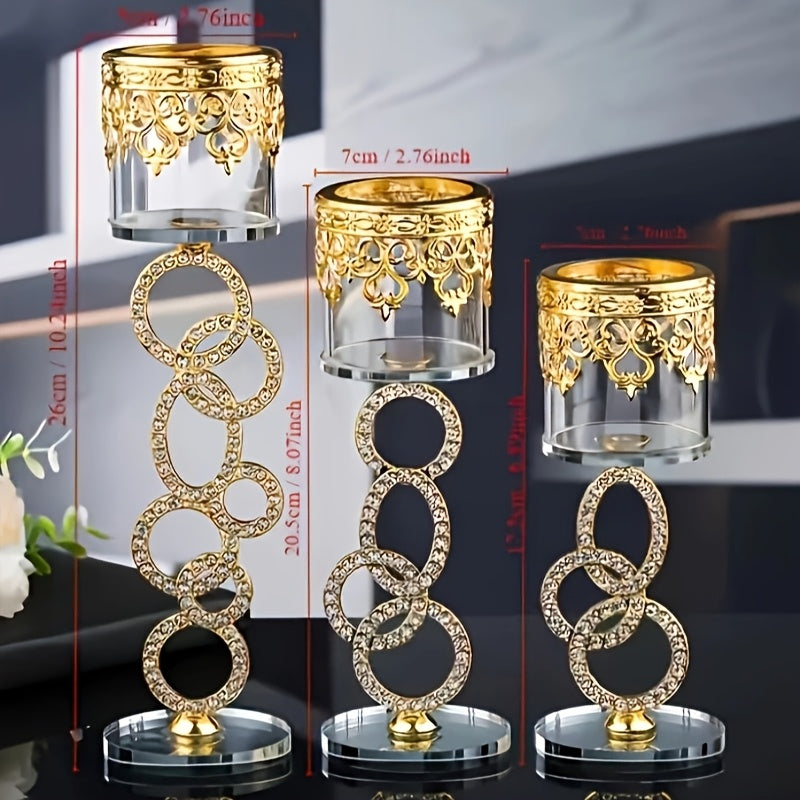 Juego de 3 piezas de soporte de velas de vidrio de cristal, elegante y romántico, con un toque de oro vintage, ideal para decoraciones navideñas, adornos de mesa.