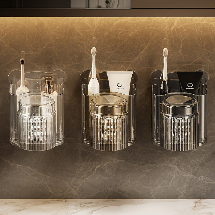 Soporte de Pared para Cepillo de Dientes y Vaso de Enjuague Bucal - Plástico Transparente, Organizador de Baño sin Taladro para Almacenamiento de Pasta Dental y Cepillos