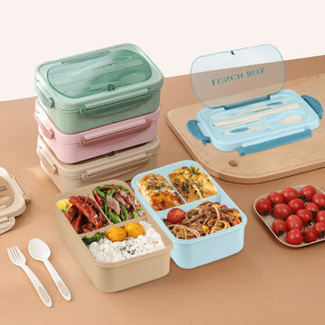 Lonchera Térmica de Rejilla con 3 Compartimentos y Calentamiento en Microondas, Caja Bento de Silicona Verde para la Escuela, Trabajo y Comidas al Aire Libre, Cubierta con Bloqueo de Seguridad, Solo Lavado a Mano, Material de Paja de Trigo, Forma Cuadrada