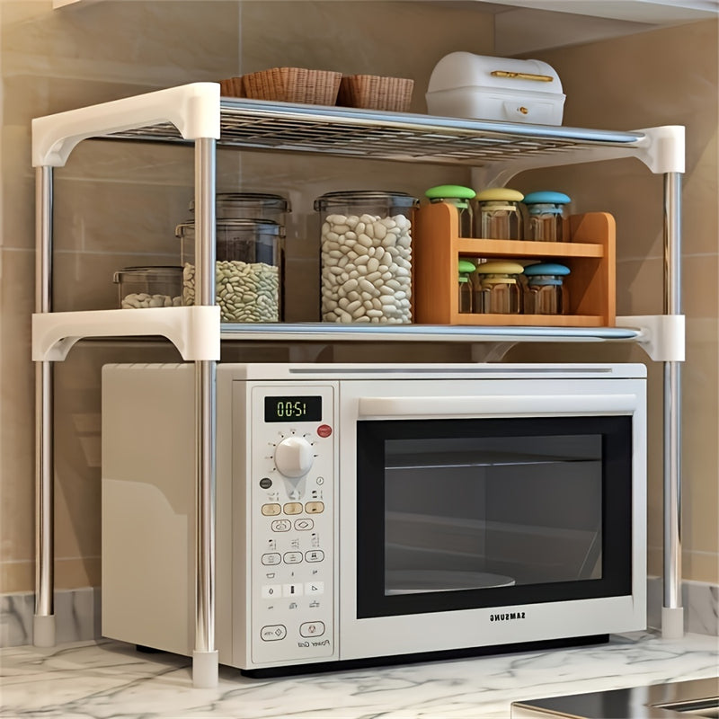 1 soporte expandible para microondas con estante de almacenamiento - Organizador de cocina resistente en plástico para horno, palillos, tabla de cortar y herramientas - No requiere electricidad ni baterías