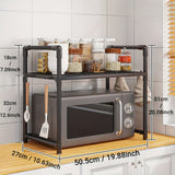 Estante de almacenamiento de cocina de varios niveles con ganchos, organizador de soporte de microondas de almacenamiento abierto, plástico duradero, no requiere ensamblaje, para especias, utensilios y electrodomésticos pequeños.