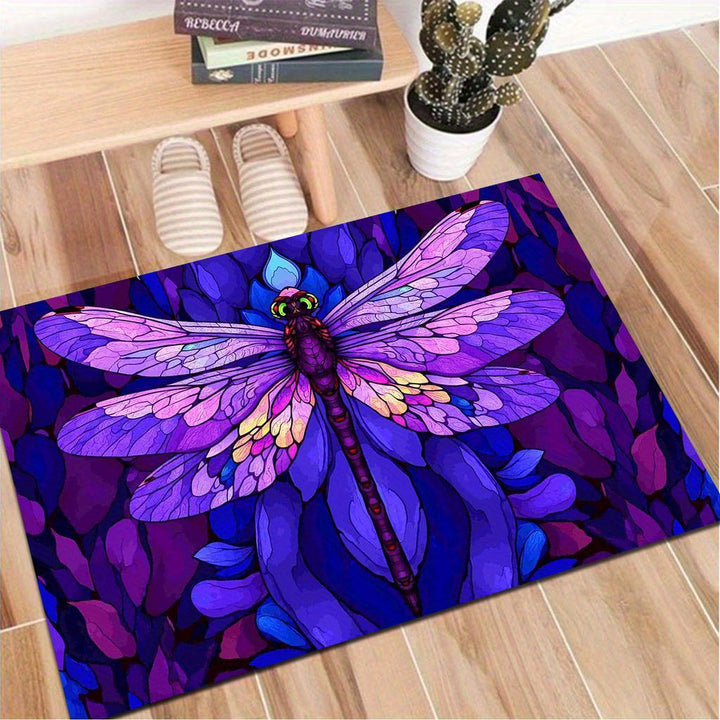 1pc Alfombra de Terciopelo con Estampado de Libélula Morada, Ideal para Cocina, Pasillo, Dormitorio, Baño, Sala, Entrada Interior/Exterior, Puerta Principal o Área de Estudio, Ligera y Antideslizante Lavable a Máquina