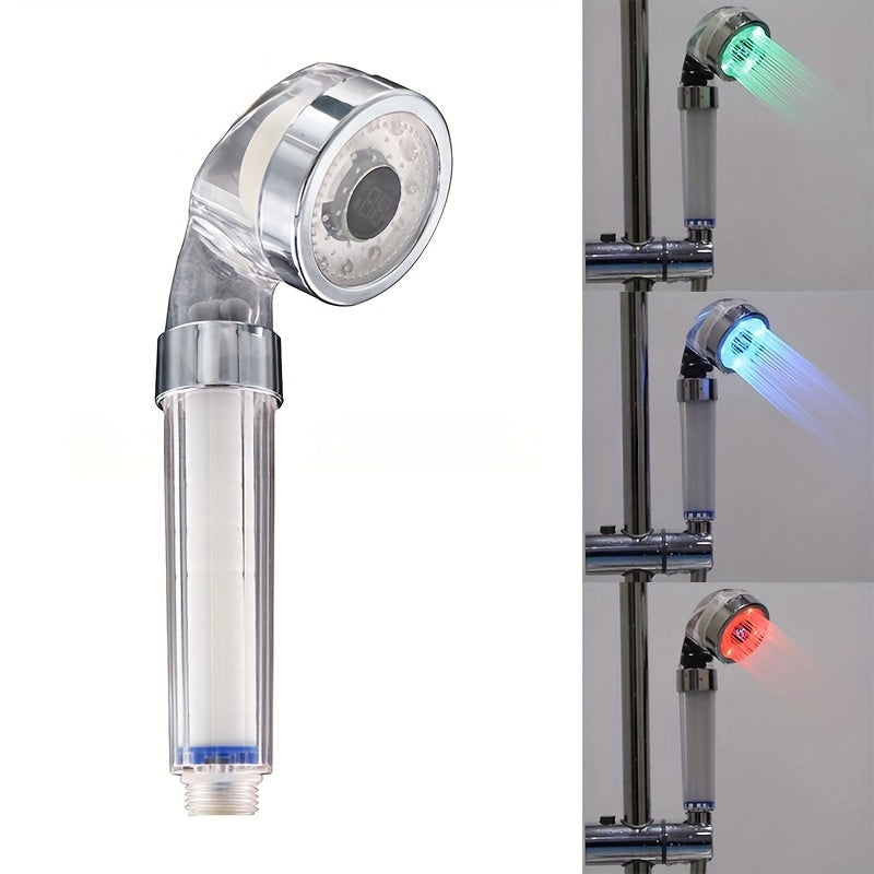 Una luz LED alimentada por agua con pantalla de temperatura, control de temperatura que cambia de color en tres colores, una ducha de mano con tres cartuchos de filtro, filtrado del flujo de agua, no requiere baterías, un regalo de Año Nuevo.