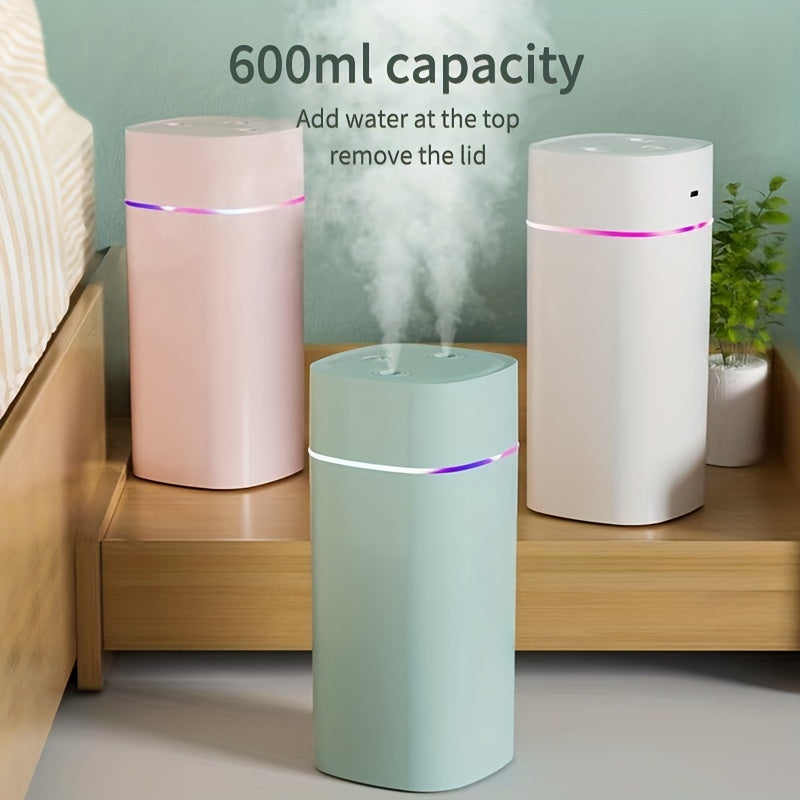 Humidificador ultrasónico USB de 600ml, doble niebla, funcionamiento silencioso, plástico, para hogar, oficina, dormitorio, compatible con aceites esenciales para aromaterapia, ≤36V