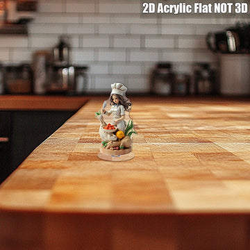 Decoración de chef femenina en cristal plano 2D - Adorno giratorio para mesa con tenedor y cuenco de ingredientes, ideal para decoración de cocina o regalo temático de cocinero | Diseño optimista y detallado, 2D plano
