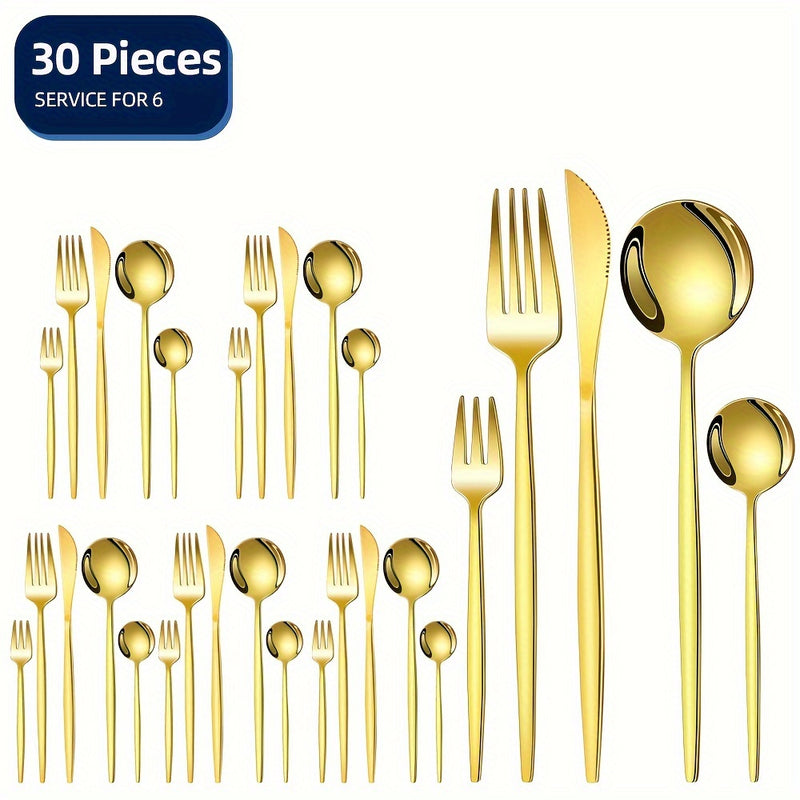 30 piezas de cubertería de acero inoxidable dorado - Cubertería elegante para fiestas, bodas, cumpleaños, cocina, hotel - Incluye cuchillos, tenedores, cucharas, cucharas de postre - Ideal para Navidad, Halloween, Pascua, Acción de Gracias, Graduación