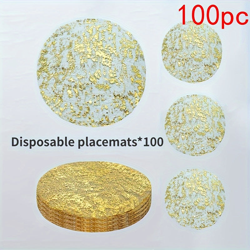 100pcs Manteles Desechables Elegantes con Lámina Dorada - Manteles Redondos de Poliéster Lujosos con Diseño de Malla Brillante para Bodas, Cumpleaños, Festividades - Ideales para Comedor y Decoración del Hogar, Manteles para Mesa de Comedor