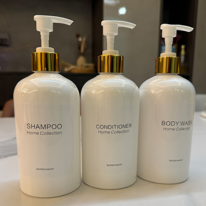 3 Piezas Dispensador de Champú y Acondicionador con Soporte para Pared | Juego de 3 Botellas Plásticas de 16.9 fl oz en Blanco o con Bomba de Bambú