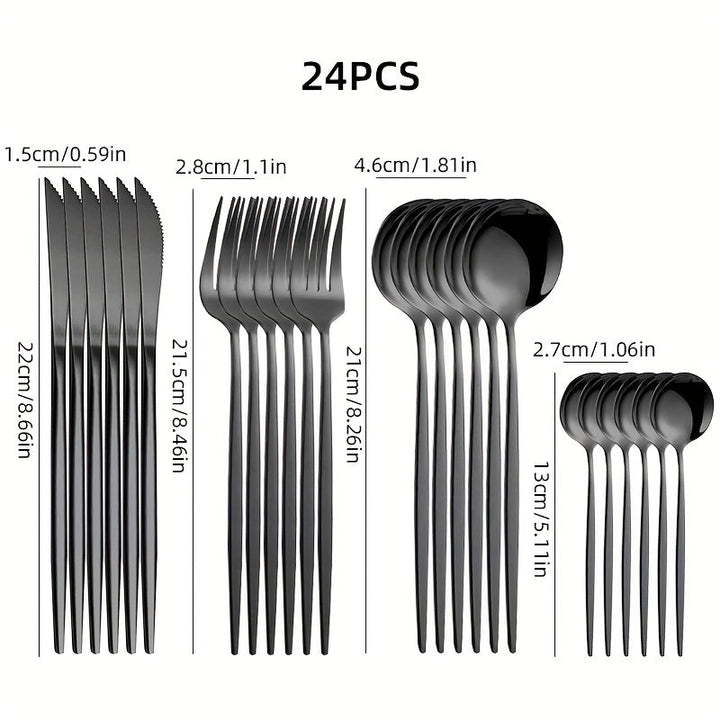 24 piezas Juego de cubiertos de acero inoxidable, juego de cubiertos aptos para lavavajillas con cuchillos, tenedores, cucharas, cucharaditas para el hogar, cocina, restaurante, fiesta, boda - Ideal para Navidad, Halloween, Pascua, Hanukkah, Acción de Gr