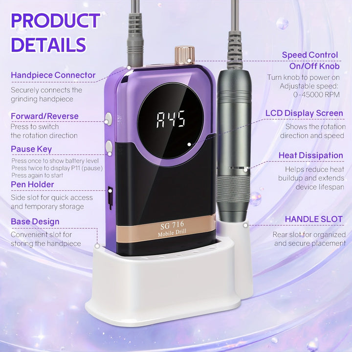 Fijas de uñas eléctricas de 45000 RPM, pulidor de esmalte de uñas inalámbrico, recargable, ruidoso bajo, para manicura, salón de belleza.