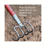 Rastrillo de acero multiusos resistente, ideal para cavar y labrar tierra. Perfecto para jardines, obras y limpieza en playas. Diseñado con metal duradero para uso fácil en condiciones adversas, herramienta esencial de mantenimiento