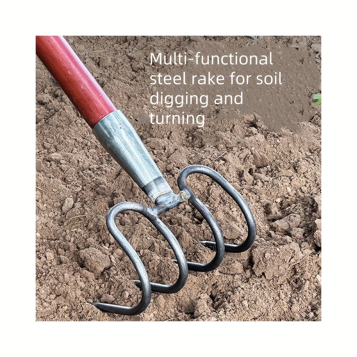 Rastrillo de acero multiusos resistente, ideal para cavar y labrar tierra. Perfecto para jardines, obras y limpieza en playas. Diseñado con metal duradero para uso fácil en condiciones adversas, herramienta esencial de mantenimiento