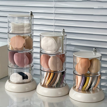 1pc Organizador de Maquillaje Transparente Giratorio - Multicapa, Soporte para Esponjas y Puff de Cosméticos a Prueba de Polvo con Tapa, Ideal para Exhibición de Tocador, Escritorio de Maquillaje