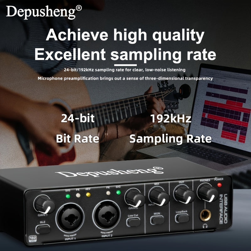 DEPUSHENG MD22 Interfaz de audio USB, 24 bits 192kHz, XLR con alimentación fantasma de 48V, baja latencia para grabación de música, transmisión, podcasting, compatible con PC/Win/Mac