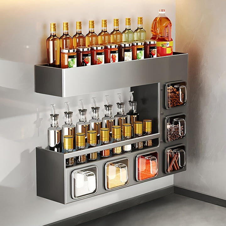 Joybos Estante de Especias de Metal Montado en la Pared con 6 Contenedores Colgantes para Especias - Sellado para Resistencia a la Humedad, Instalación Rápida, Ideal para Almacenamiento de Condimentos de Alimentos