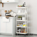 Un versátil carrito de almacenamiento de cinco niveles en blanco/negro, adecuado para organizar baños, refrigerios de cocina, almacenamiento de dormitorios y organización de juguetes, fácilmente movible y portátil.