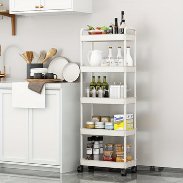 Un versátil carrito de almacenamiento de cinco niveles en blanco/negro, adecuado para organizar baños, refrigerios de cocina, almacenamiento de dormitorios y organización de juguetes, fácilmente movible y portátil.