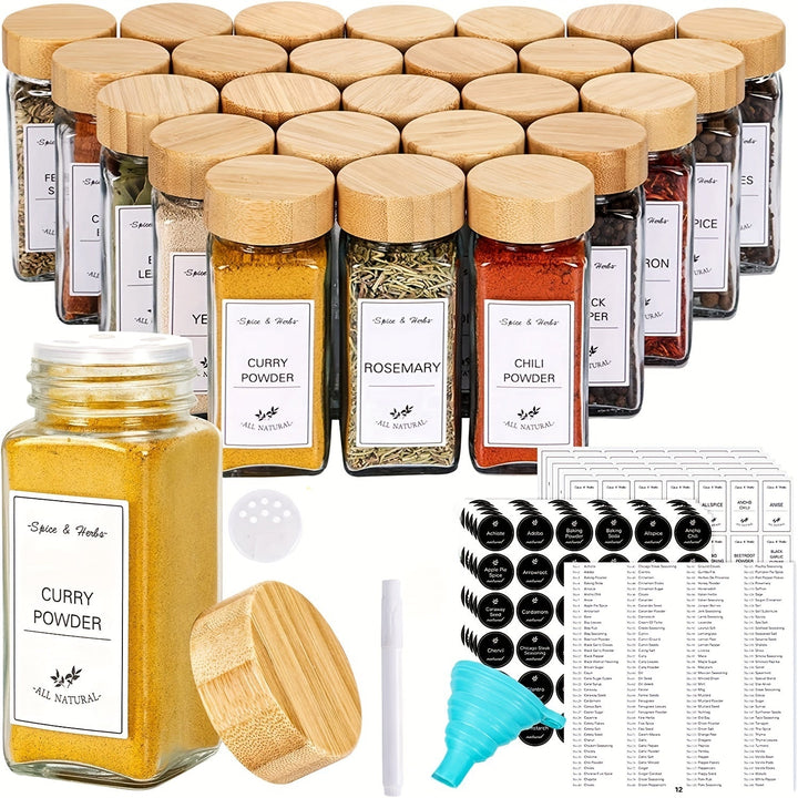 6, 12, 18 o 24 frascos cuadrados de vidrio para especias de 4 oz con tapa de bambú o aluminio, dispensador de polvo con agujeros, empaque de espuma perlada, ideal para barbacoa al aire libre