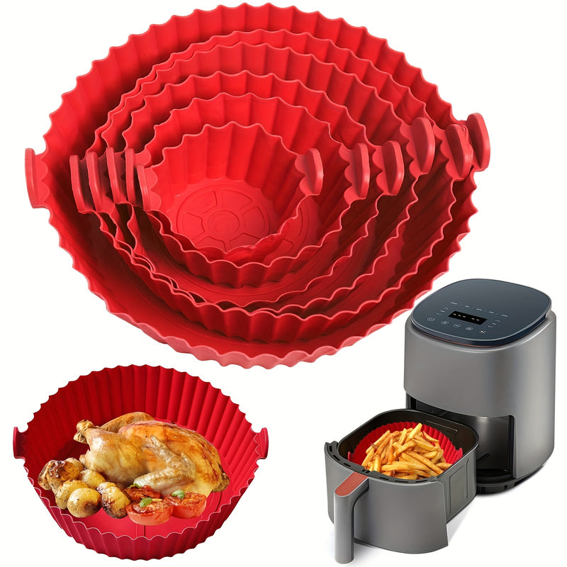 6 piezas de forros de silicona rojos para freidora de aire - Antiadherentes, perforados con bordes festoneados para cocción uniforme, fáciles de limpiar, seguros para contacto con alimentos, ideales para freír pollo, pescado y verduras, accesorios para f