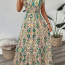 Vestido midi elegante para mujer con estampado floral, cuello en V, ajustado, mangas cortas y dobladillo con volantes - Lavable a máquina, vestido lápiz para todas las estaciones, ocasiones casuales o formales, estilo versátil y femenino, material durade