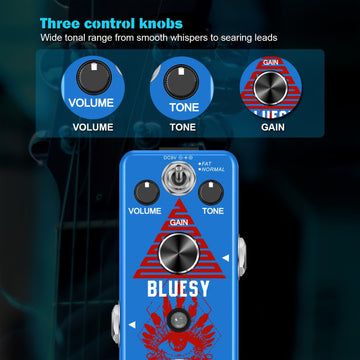 Amuzik Blues Driver Pedal de Guitarra - Efecto Overdrive Vintage con Potenciómetro, Volumen y Tonos, True Bypass, Alimentación USB, Compacto para Guitarra Eléctrica y Bajo - Diseño Gráfico Audaz, Construcción Robusta para Uso en Vivo y Estudio, Rendimien