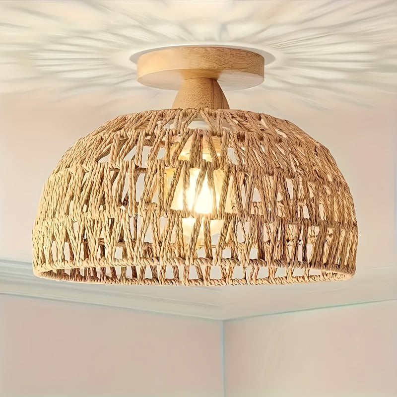 Lámpara de techo rústica retro marrón con cabeza de lámpara de madera y jaula metálica semicircular de ratán para sala de estar, pasillo, baño, cocina, dormitorio, galería interior, cafetería - compatible con bombillas E26/E27 (bombilla no incluida)