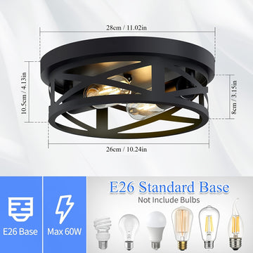 Lámpara de techo industrial negra moderna - Plafón de 2 luces para cocina, pasillo o estilo rústico (No incluye focos)