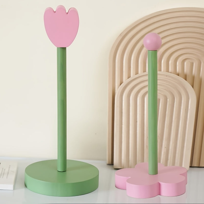 Porta Rollos de Papel Higiénico con Diseño Floral Encantador - Dispensador Independiente sin Taladro en Rosa Pastel y Verde, Madera Natural de Pino para Cocina, Baño o Sala - Decoración Elegante, Organizador Rústico, Duradero, Regalo Ideal para Interiores