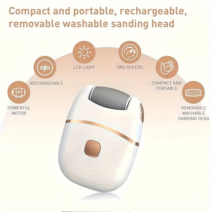 Lijadora de pies eléctrica recargable con luz LED, 3 cabezas de repuesto, carga USB, herramienta de pedicura inalámbrica, pies suaves, sin fragancia, plástico, batería de litio de 400mAh - Dispositivo portátil de cuidado de pies