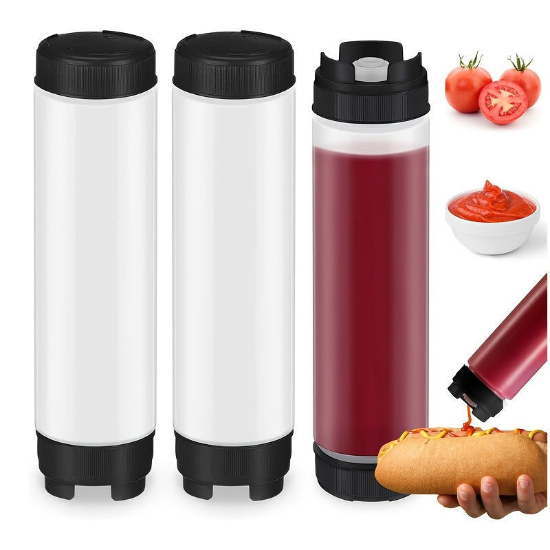 3 paquetes de botellas de plástico de 16 oz con punta rellenable, dispensador de válvula grande para salsas, kétchup, crema agria, jarabe autosellante, grado alimenticio, no necesita electricidad, blanco/negro/rojo