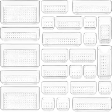 Juego de 25 piezas de organizadores de cajones de plástico transparente, 4 tamaños versátiles para baño y tocador, bandejas de organización para maquillaje, dormitorio, gadgets de cocina, utensilios y oficina.