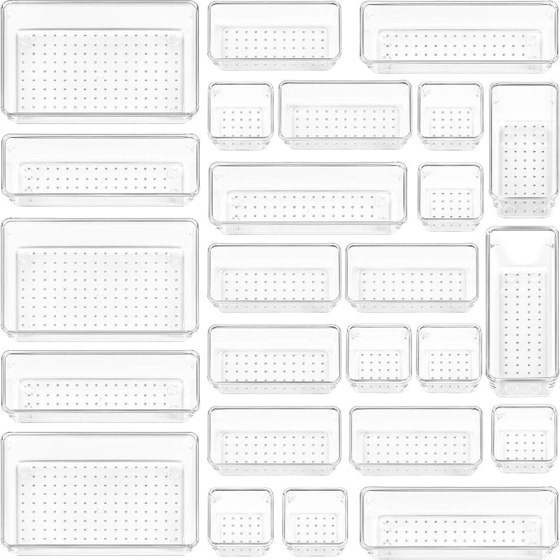 Juego de 25 piezas de organizadores de cajones de plástico transparente, 4 tamaños versátiles para baño y tocador, bandejas de organización para maquillaje, dormitorio, gadgets de cocina, utensilios y oficina.