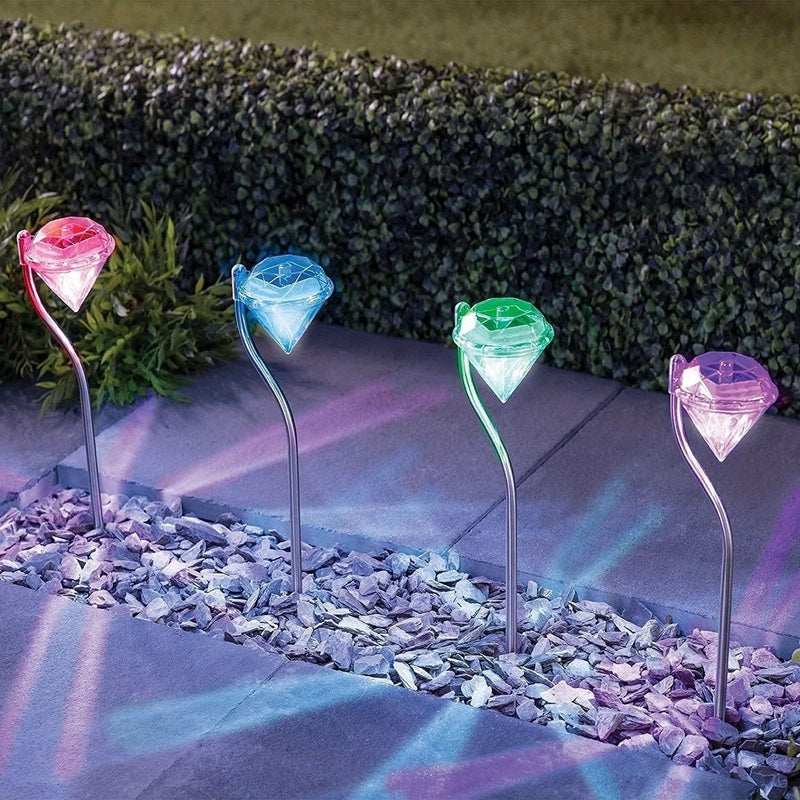 Luces solares al aire libre LED, luces de forma diamante, adecuadas para jardín, patio, sendero, iluminación de paisaje, decoración de luces, luces de césped, luces con enchufe de tierra, decoración de luces de Halloween, Navidad y fiestas 4 piezas