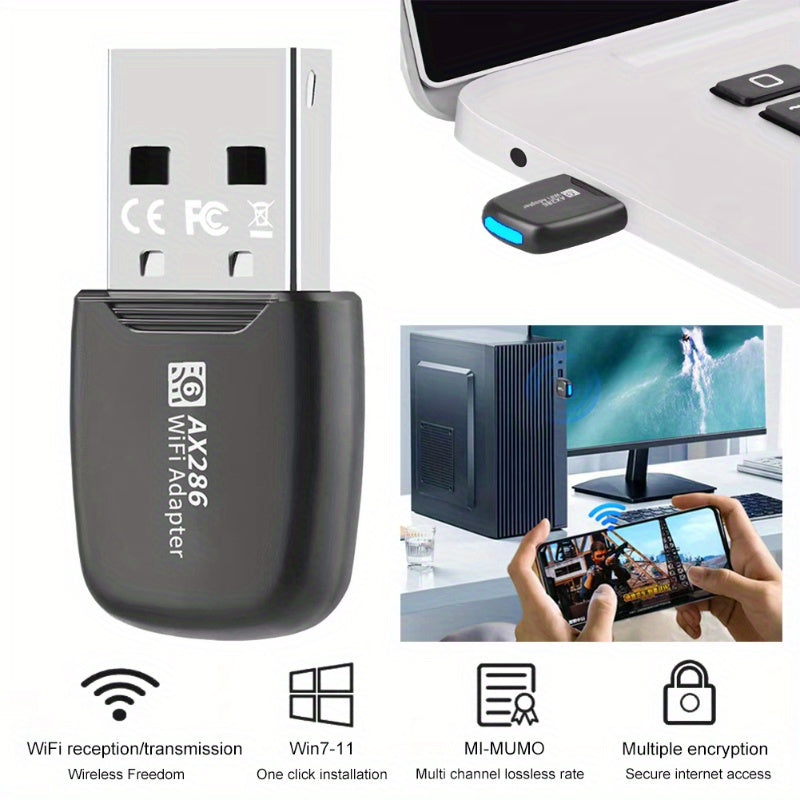 Adaptador inalámbrico WiFi6 USB 286Mbps, adecuado para computadoras de escritorio y portátiles, penetración fuerte de 2,4 GHz, rango de transmisión más largo, solo para Windows/7/10/11, plug and play, no se requiere controlador.