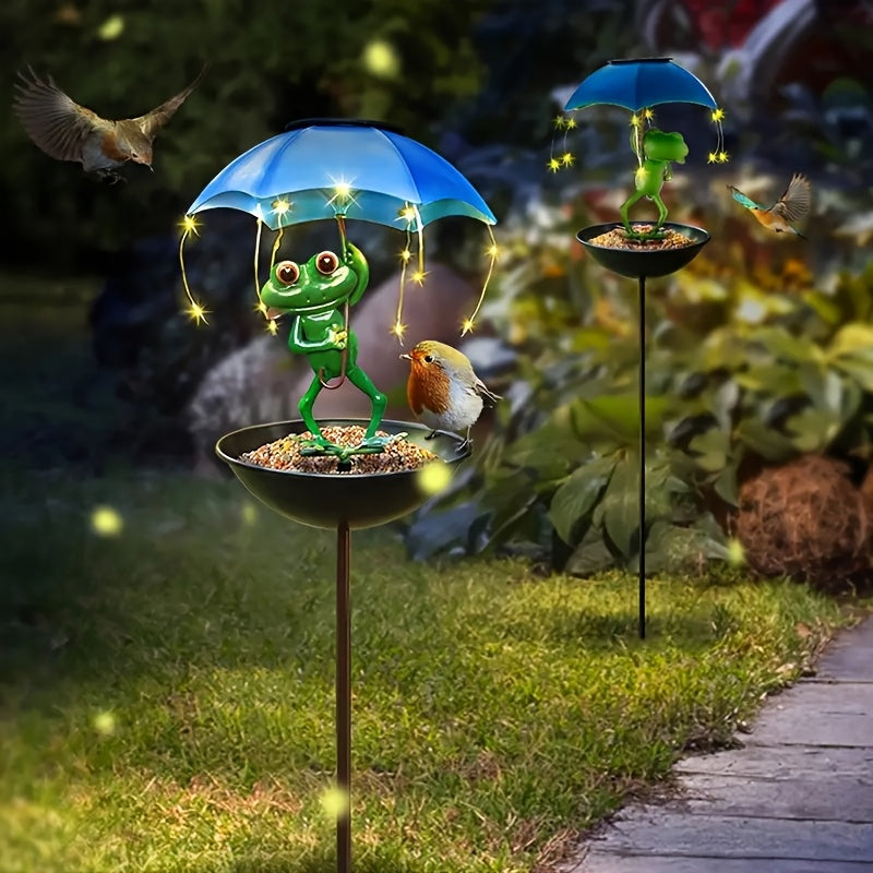 1pc estatua de rana paisajística con lámpara solar para calle, comedero para pájaros al aire libre, decoración de jardín con cadena LED, bebedero para colibríes, adecuado para caminos de patio y céspedes (comida no incluida)