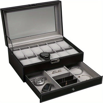 1 Pieza, Caja De Almacenamiento De Reloj Con Cerradura De Cuero PU De 12 Ranuras, Caja De Exhibición De Joyería Para Hombres Y Mujeres Con Cajón, Caja De Exhibición De Gafas De Reloj De 2 Capas Con Cubierta De Vidrio