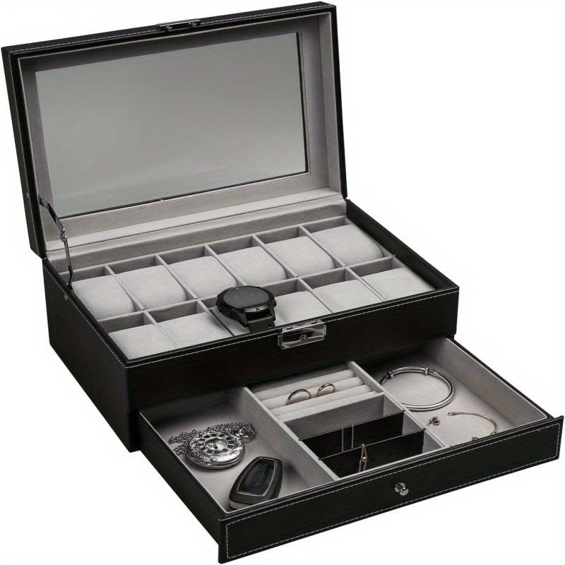 1 Pieza, Caja De Almacenamiento De Reloj Con Cerradura De Cuero PU De 12 Ranuras, Caja De Exhibición De Joyería Para Hombres Y Mujeres Con Cajón, Caja De Exhibición De Gafas De Reloj De 2 Capas Con Cubierta De Vidrio