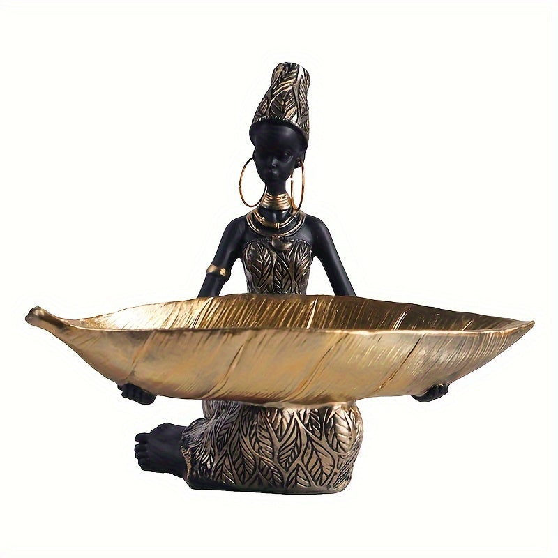 Figura de mujer africana de resina con tazón de hoja dorada - Decoración para el hogar, ornamento de mesa, organizador de entrada, regalo ideal, decoración navideña