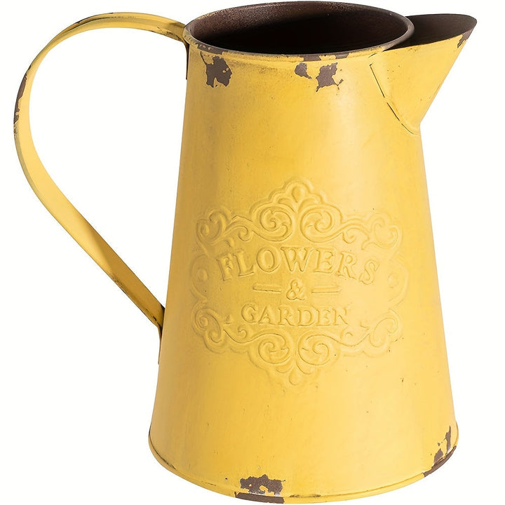 Jarrón de Hierro Amarillo Vintage - Jarra Rústica Shabby Chic con Diseño Floral, Decoración para Halloween Navidad Acción de Gracias sin Necesidad de Electricidad