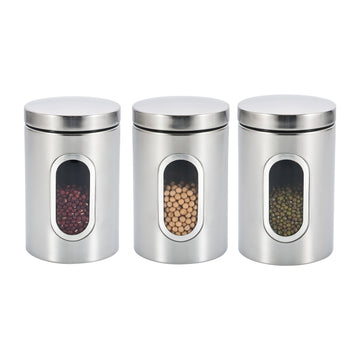 3 contenedores de acero inoxidable con ventana visible - Ideales para café, té, azúcar y granos - Reutilizables, organizador redondo de cocina con tapas abatibles, solución de almacenamiento para cocina|Vajilla moderna|Vajilla duradera