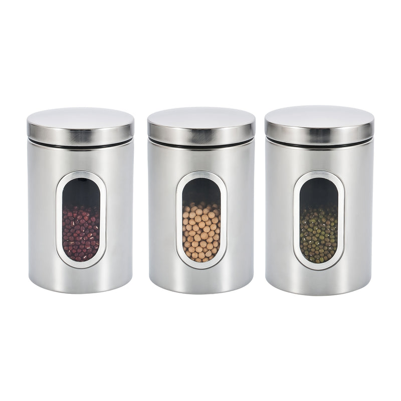 3 contenedores de acero inoxidable con ventana visible - Ideales para café, té, azúcar y granos - Reutilizables, organizador redondo de cocina con tapas abatibles, solución de almacenamiento para cocina|Vajilla moderna|Vajilla duradera