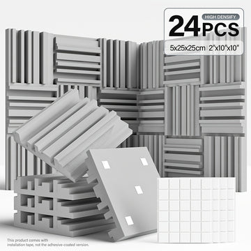 24 piezas de paneles de espuma acústica de alta densidad - 10x10x2/12x12x2 pulgadas, paneles de aislamiento acústico negros y blancos con adhesivo de doble cara para estudio, cine en casa, KTV - Instalación fácil, reducción de ruido, paneles de aislamien