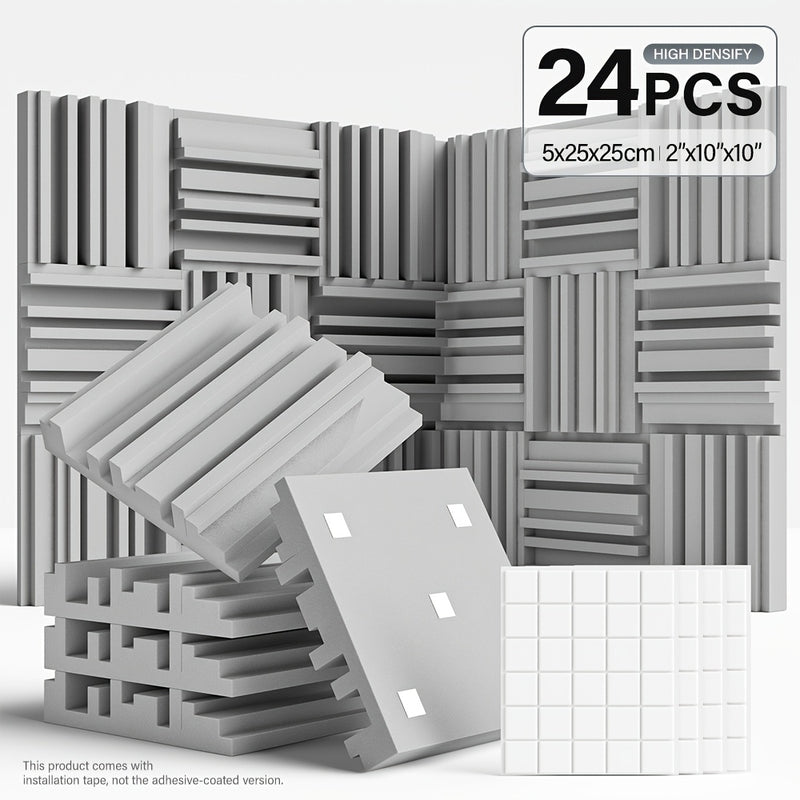 24 piezas de paneles de espuma acústica de alta densidad - 10x10x2/12x12x2 pulgadas, paneles de aislamiento acústico negros y blancos con adhesivo de doble cara para estudio, cine en casa, KTV - Instalación fácil, reducción de ruido, paneles de aislamien