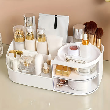 Organizador de Maquillaje de Tocador con Espejo - Caja de Almacenamiento de Cosméticos Estilo Cajón para Cuidado de la Piel, Lápiz Labial y Más - Soporte Ligero de Plástico para Encimera