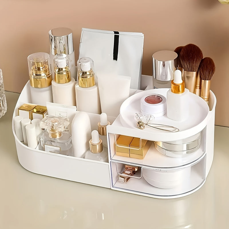Organizador de Maquillaje de Tocador con Espejo - Caja de Almacenamiento de Cosméticos Estilo Cajón para Cuidado de la Piel, Lápiz Labial y Más - Soporte Ligero de Plástico para Encimera