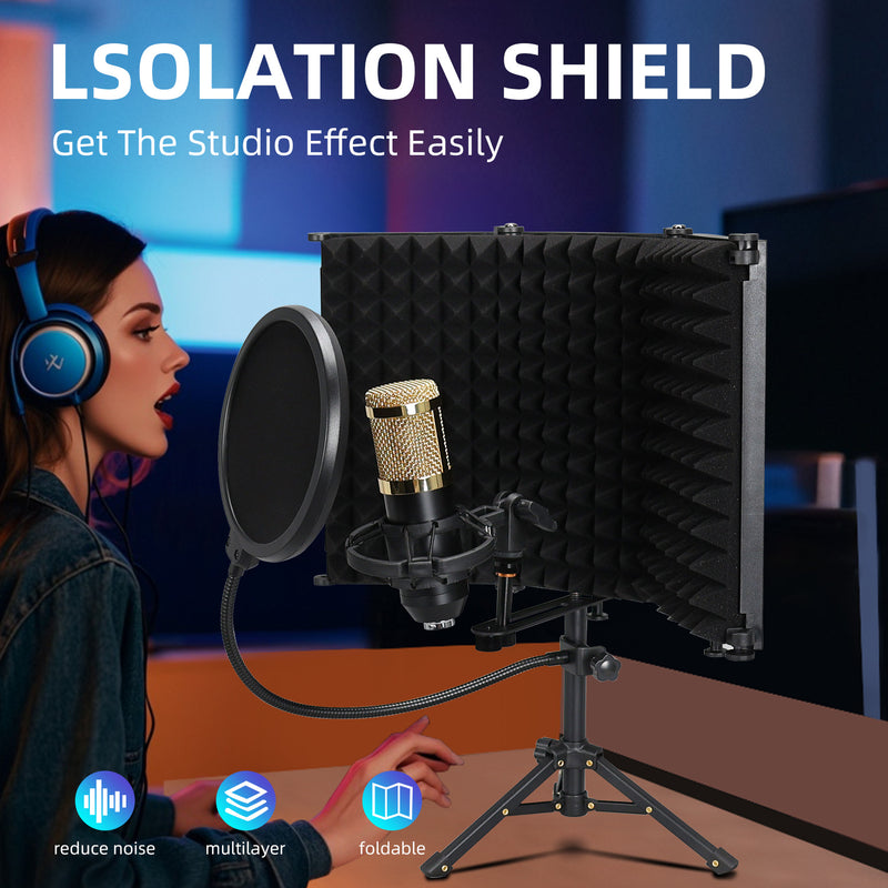 Kit de protección de grabación portátil con trípode - pantalla de aislamiento de micrófono ABS, espuma absorbente de sonido plegable de 3 puertas, malla preventiva de explosión, soporte sin carga para reducción de ruido en estudio y campo