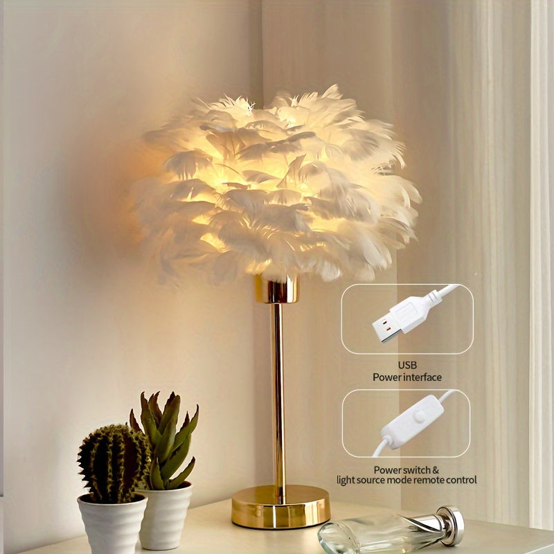 1pc Lámpara de Plumas Artificiales Blancas, Elegante y Dorada con Pantalla Tejida en Tela, Cuerpo de Hierro Alimentación USB Baja Voltaje, Compatible con Bombilla E26 DC5V, Decoración Romántica para Salón, Pasillo o Habitación, Ideal para Hoteles, Cafés