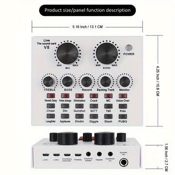 Interfaz de sonido V8 con cambiador de voz - Alimentado por USB, batería recargable de 500mAh, tarjeta de sonido negra ABS para grabación de PC, canto, transmisión y juegos, incluye micrófono y jacks de auriculares, tarjeta de sonido para juegos | Tarjet